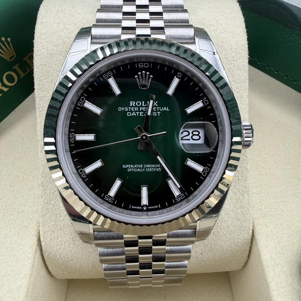 Rolex Datejust 41 126334, green ombré Roman numeral dial on a Jubilee bracelet, front view in its box