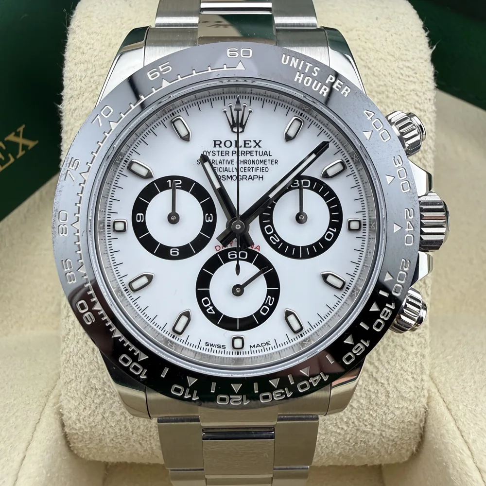 Rolex Cosmograph Daytona 116500LN, white Panda dial with black ceramic bezel, front view in its box