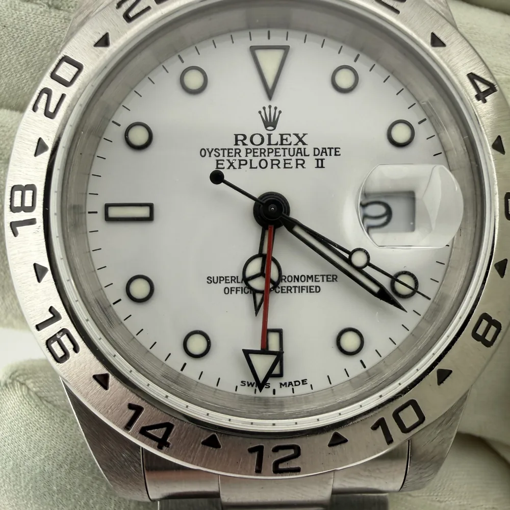 Rolex Explorer II Polar P-serial, white dial with patina, front view