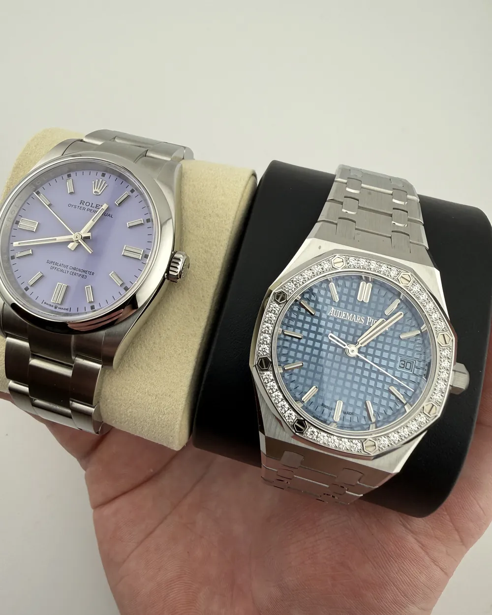 Rolex Oyster Perpetual Lavender and Audemars Piguet Royal Oak with diamond bezel