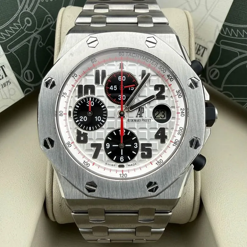 Audemars Piguet Royal Oak Offshore Chronograph 26170ST, white Panda dial, front view in its box